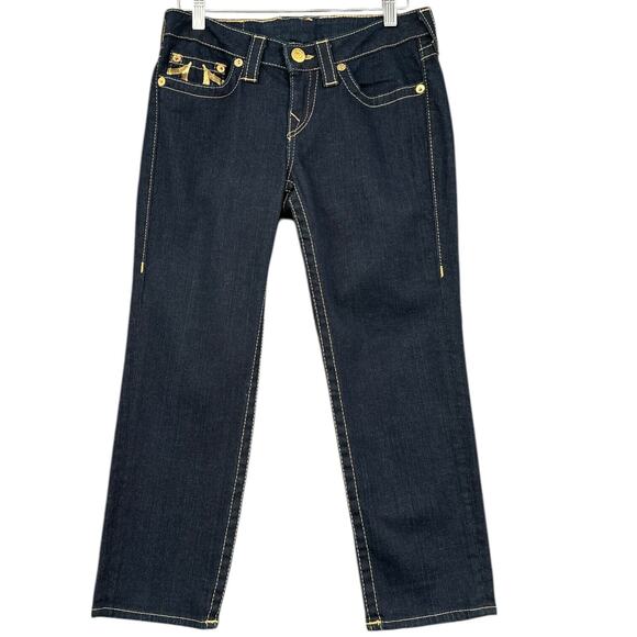 True Religion Lola Dark Wash Gold‎ Stitching 5-Pocket Straight Cropped Jeans 29 - Picture 1 of 6